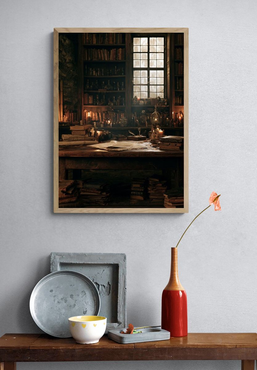 Candlelit Alchemist Library Poster. — room view 3