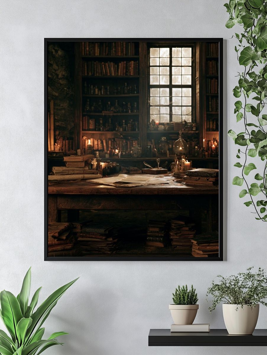 Candlelit Alchemist Library Poster. — room view 4