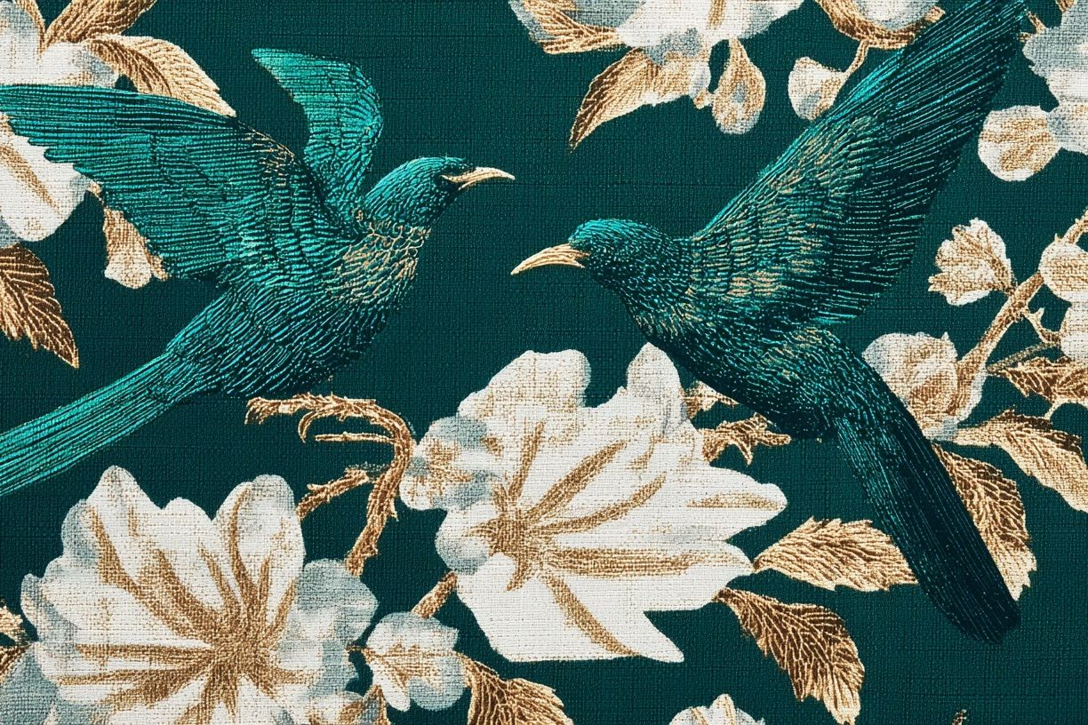 Emerald Birds and Florals Vintage Print. poster detail