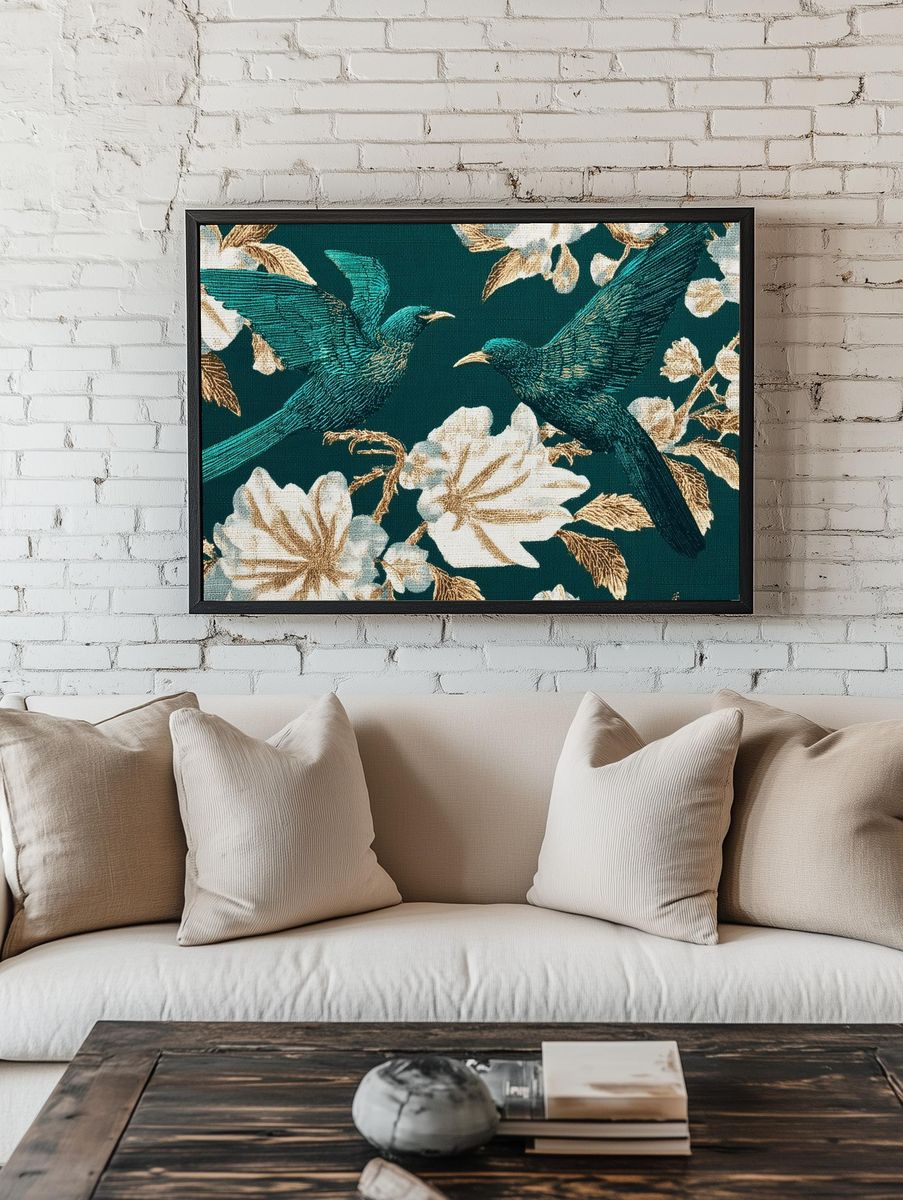 Emerald Birds and Florals Vintage Print. — room view 1