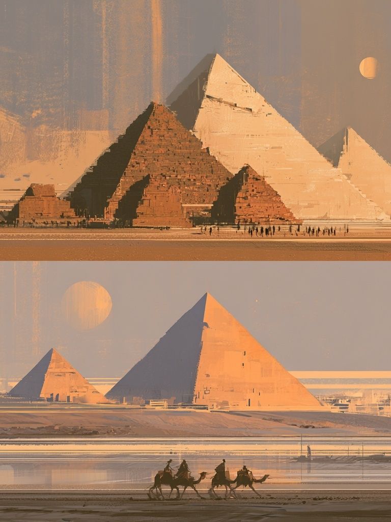 Pyramids at Sunset — Vintage Print. poster detail