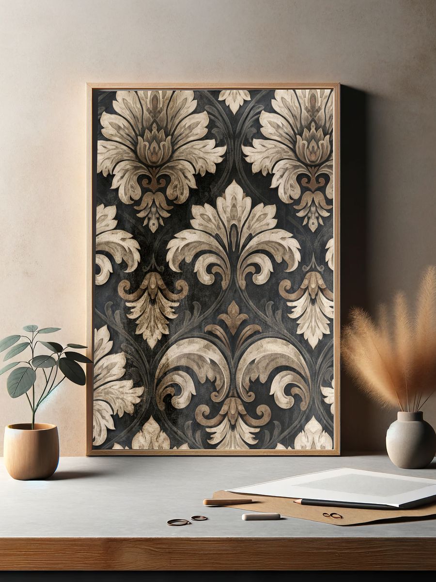 Ornate Damask Pattern Vintage Print. — room view 2