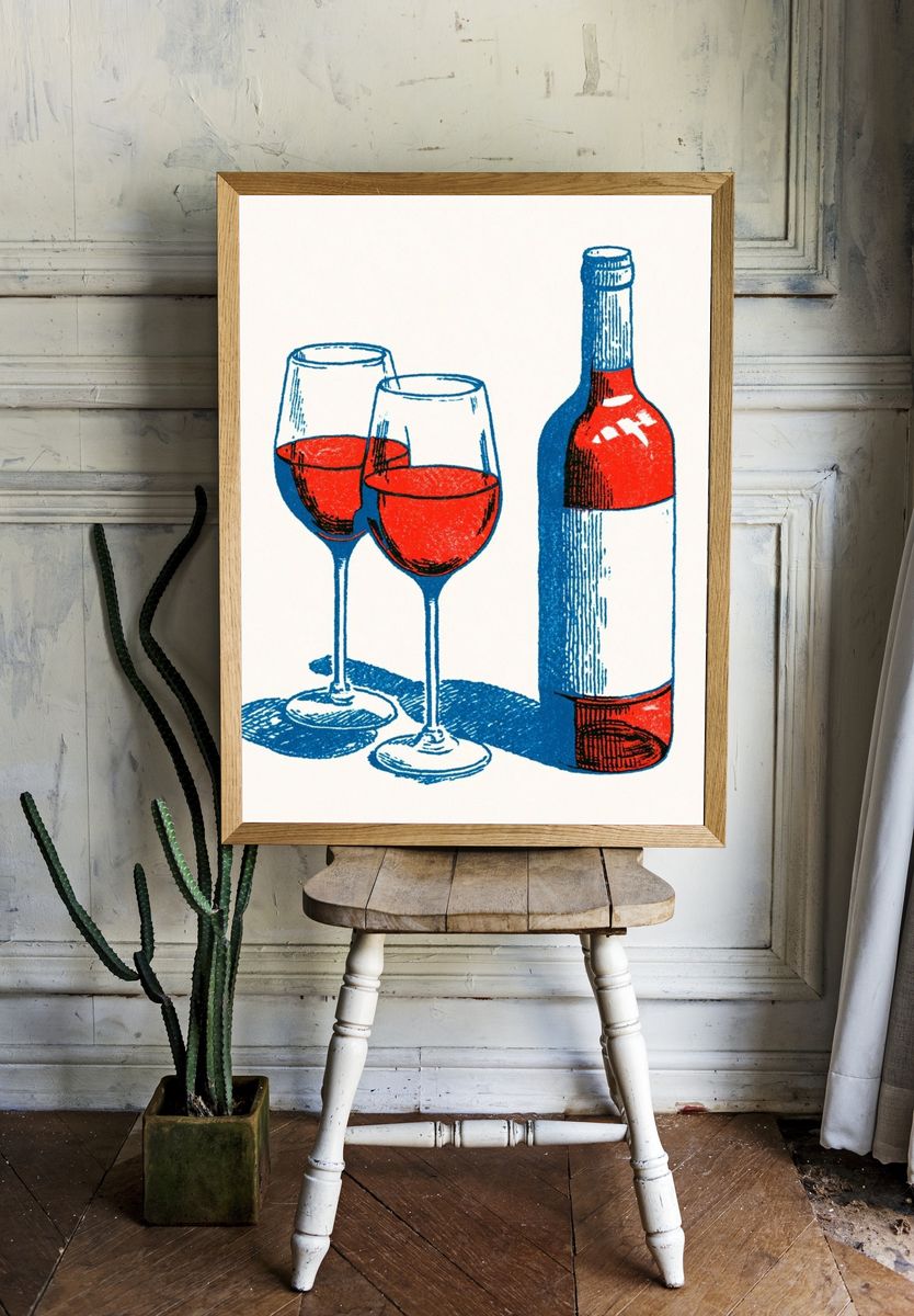 Wine Glasses and Bottle Vintage Print. room preview