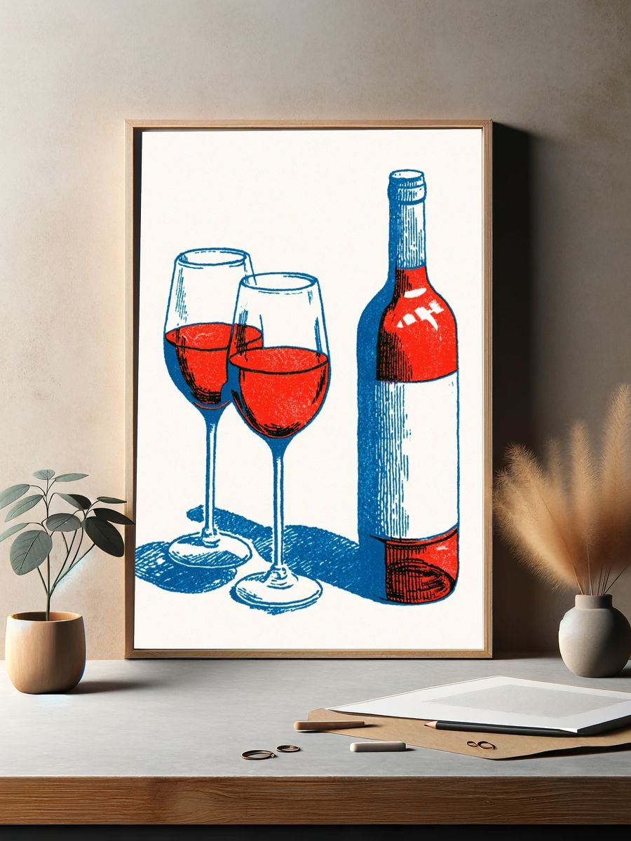 Wine Glasses and Bottle Vintage Print. — room view 2