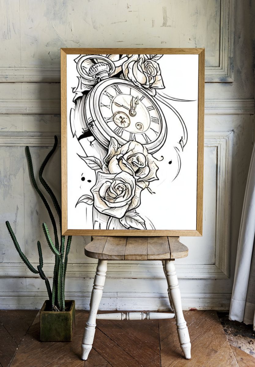 Vintage Clock and Roses Print. room preview