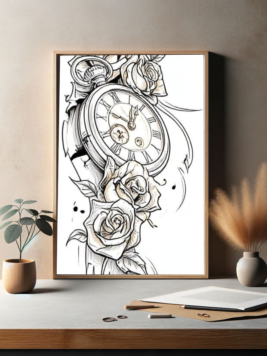 Vintage Clock and Roses Print. — room view 2