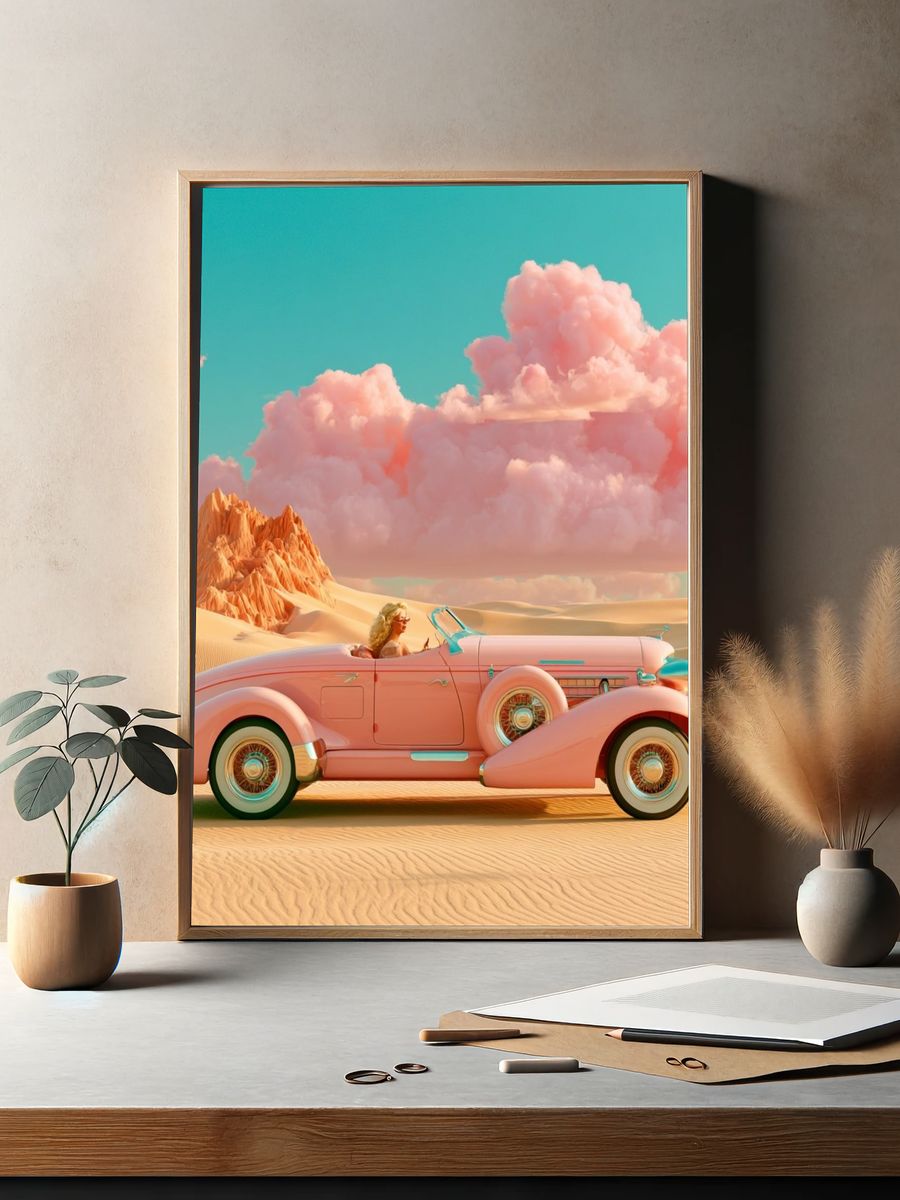 Pink Vintage Convertible Desert Poster. — room view 2