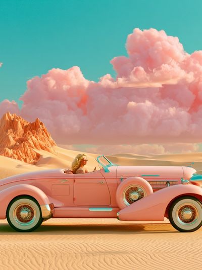 Pink Vintage Convertible Desert Poster.