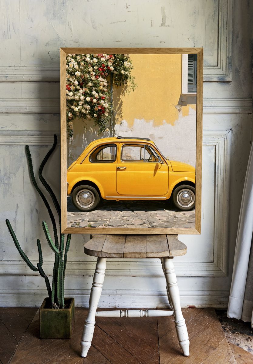 Yellow Vintage Car Street Poster. — room view 1