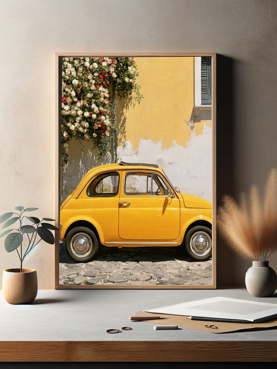 Yellow Vintage Car Street Poster. — room view 2