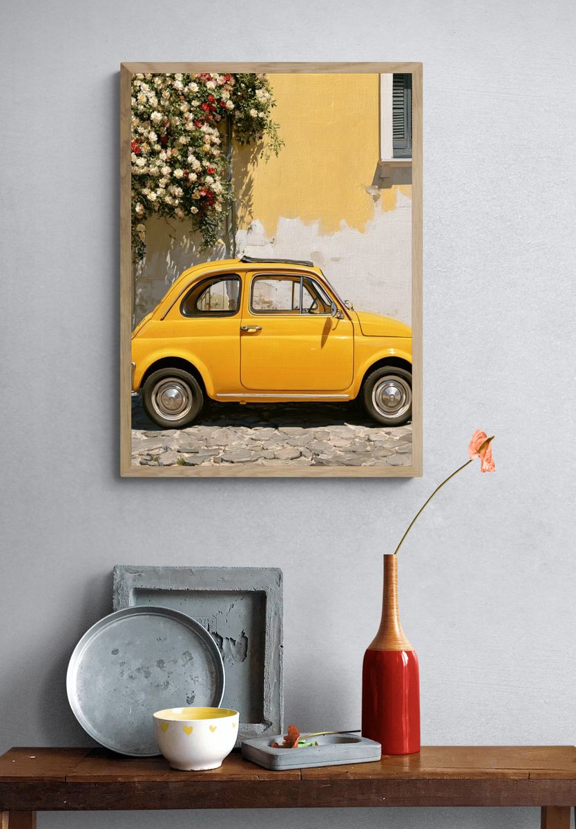 Yellow Vintage Car Street Poster. — room view 3