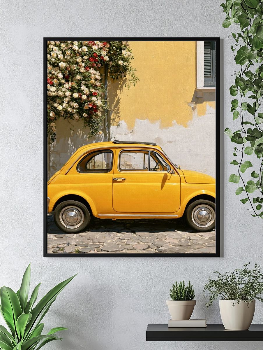 Yellow Vintage Car Street Poster. — room view 4
