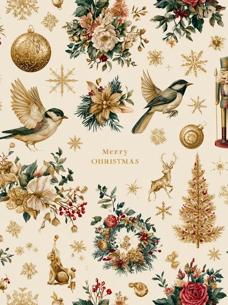 Christmas Floral Birds Print. poster — vintage art