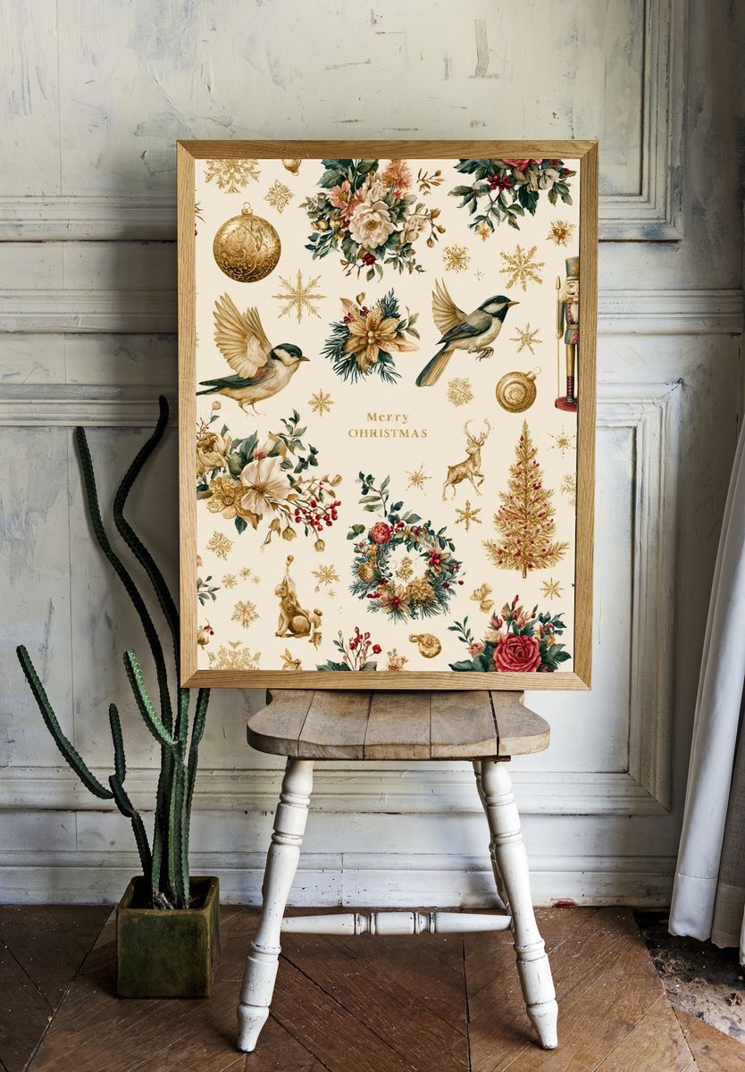 Christmas Floral Birds Print. room preview