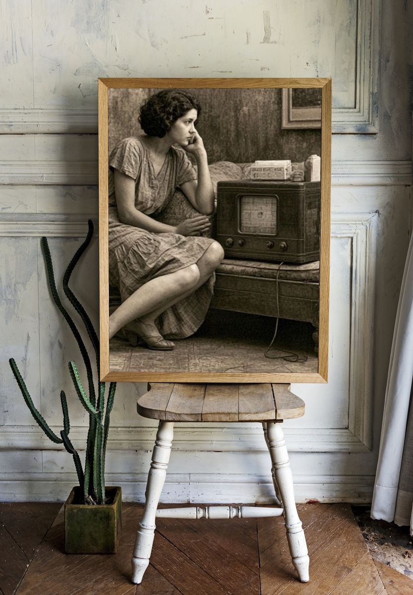 Vintage Woman with Radio Poster. room preview