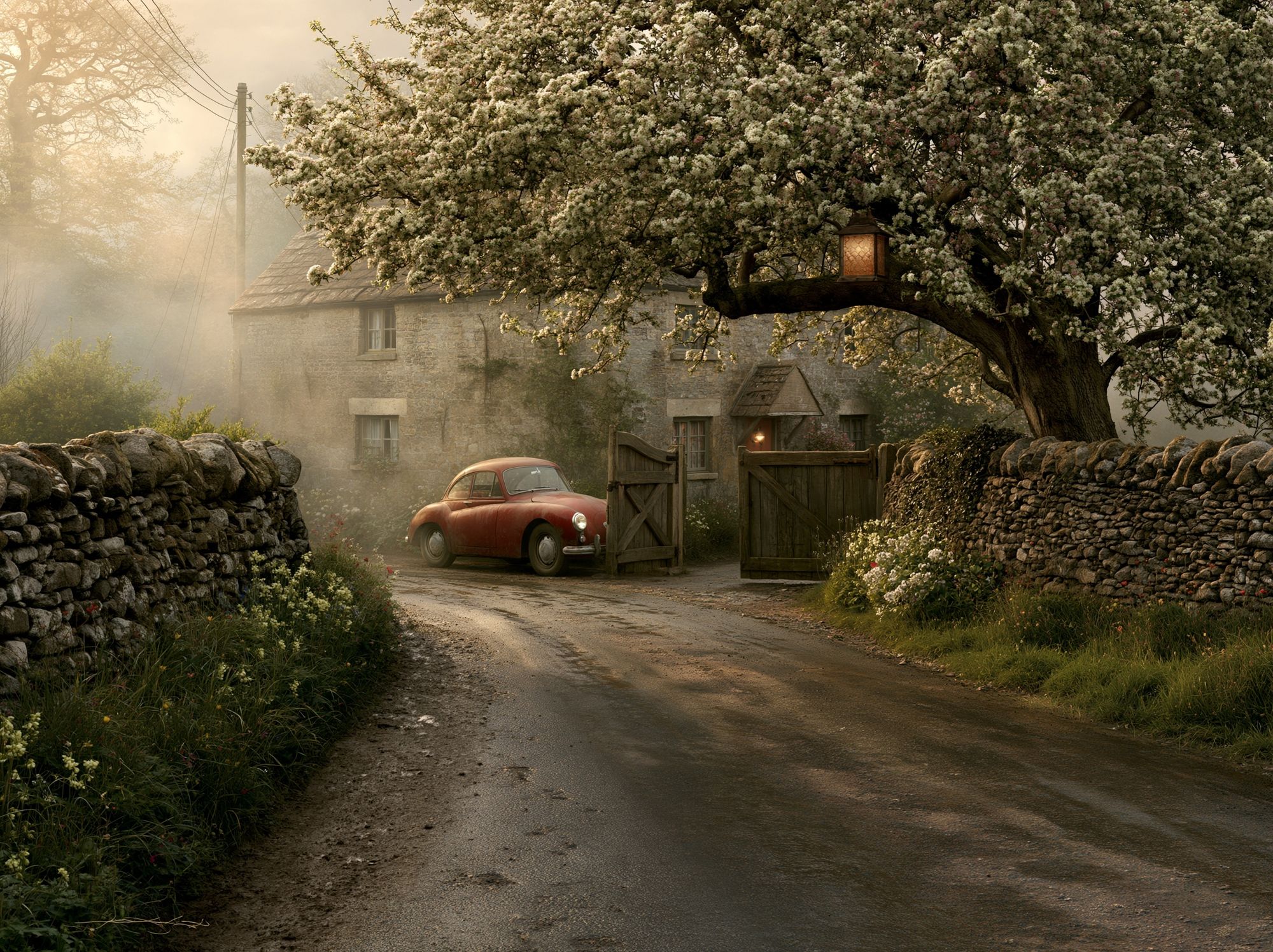Countryside Cottage Drive Vintage Poster.
