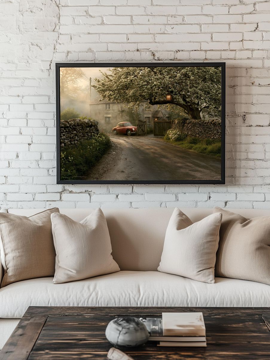 Countryside Cottage Drive Vintage Poster. room preview