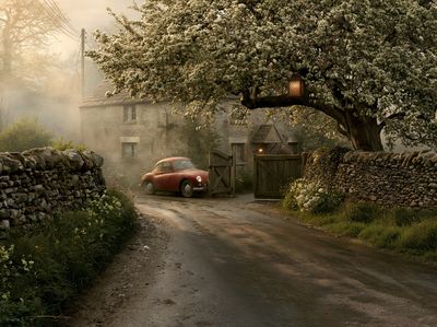 Countryside Cottage Drive Vintage Poster.