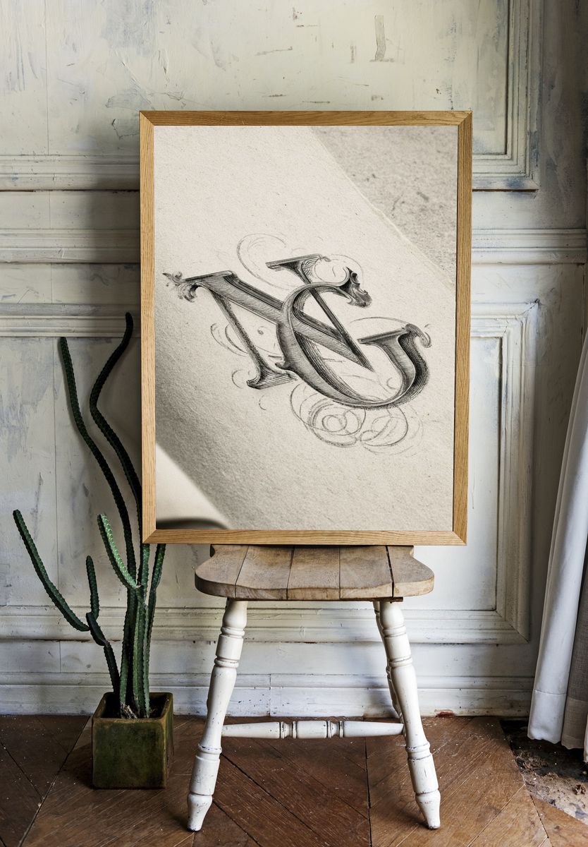 Ornate Monogram Sketch Poster. — room view 1