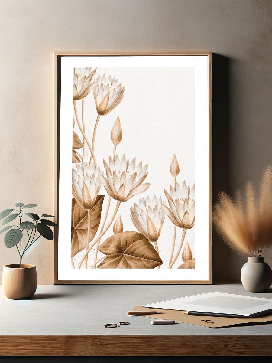 Egyptian lotus vintage illustration wall. — room view 2