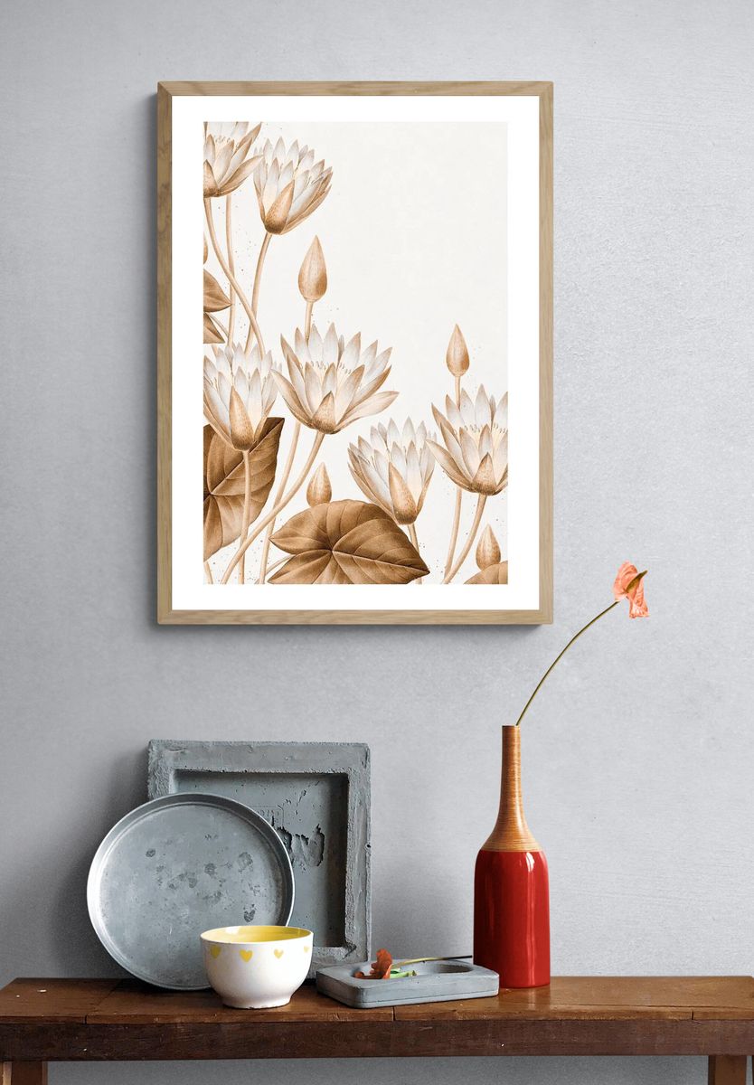 Egyptian lotus vintage illustration wall. — room view 3