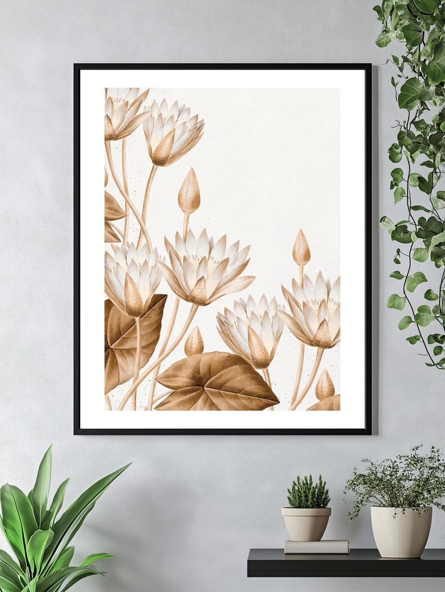 Egyptian lotus vintage illustration wall. — room view 4