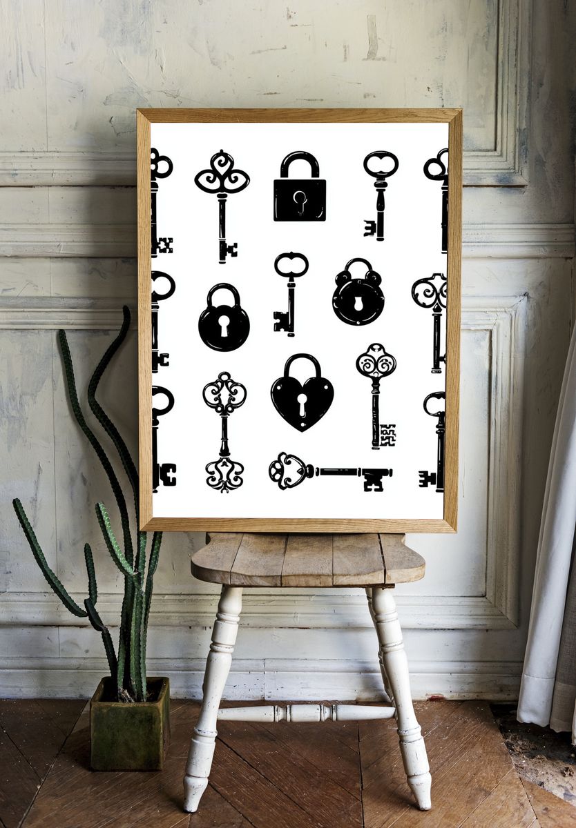Vintage Keys and Locks Print. — room view 1