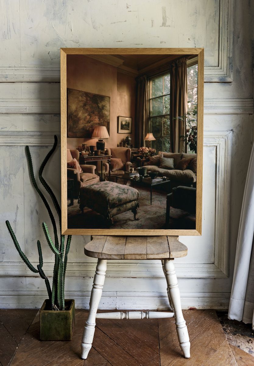 Moody Vintage Living Room Poster. room preview