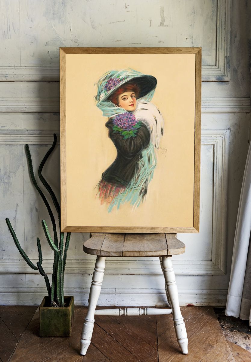 Vintage Lady with Flowers — Art-Nouveau Print. — room view 1