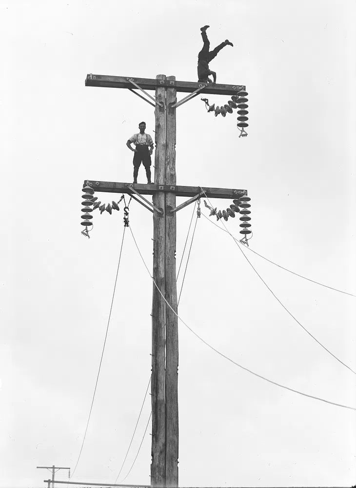 Vintage Linemen at Work — Black-White Print.