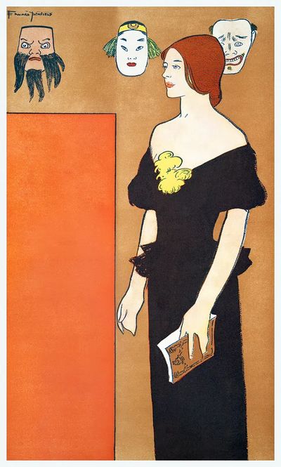 Elegant Woman with Masks — Vintage Print. poster print