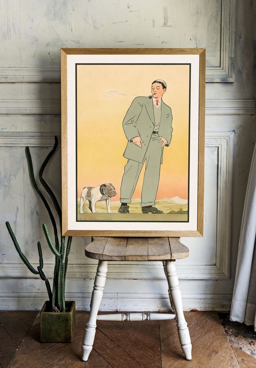 Stylish Man with Bulldog — Vintage Print room preview