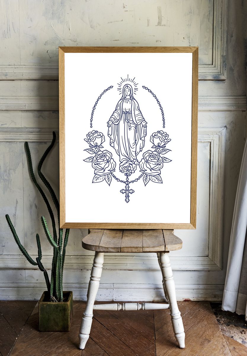Virgin Mary with Roses — Illustration Print. room preview