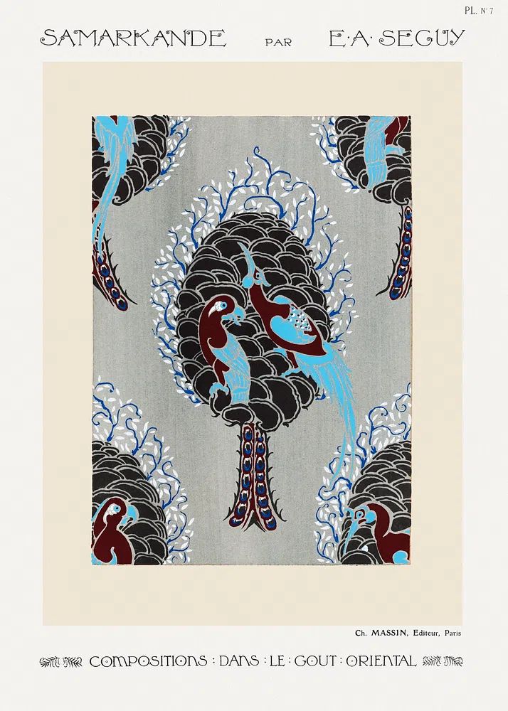 Art Nouveau bird pattern pochoir.