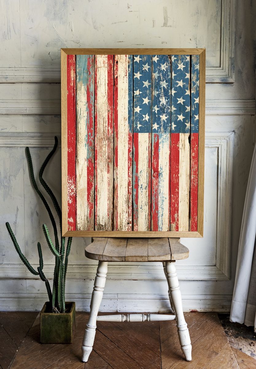 Distressed American Flag Vintage Print. — room view 1