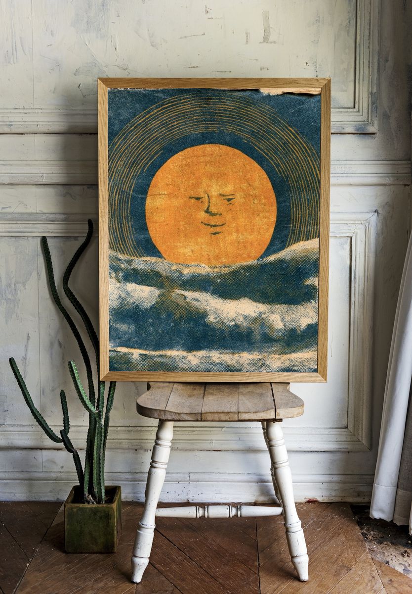 Sun and Waves Vintage Print. — room view 1