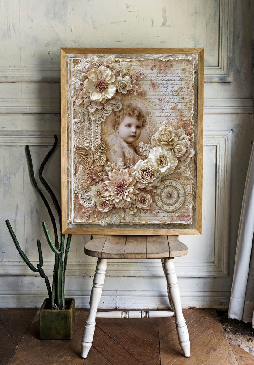 Vintage Cherub Floral Collage Poster. — room view 1