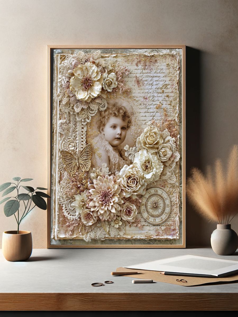 Vintage Cherub Floral Collage Poster. — room view 2
