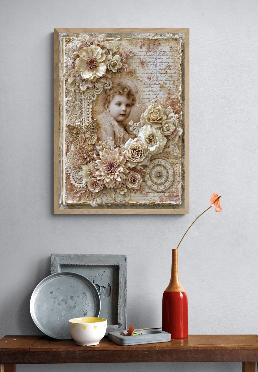 Vintage Cherub Floral Collage Poster. — room view 3
