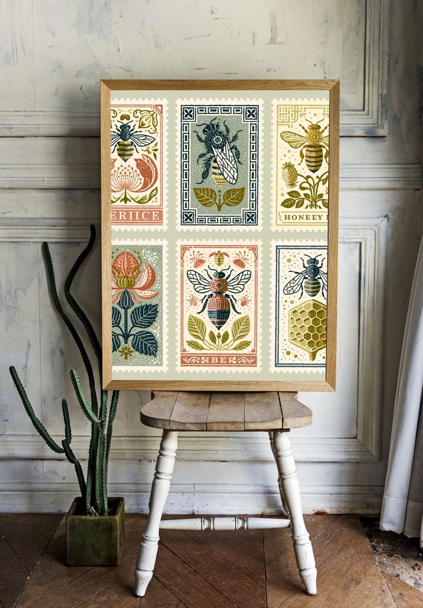 Vintage Bee Stamp Poster. — room view 1