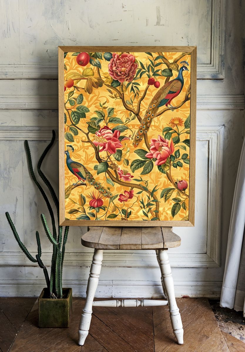 Peacock Garden Vintage Print. room preview