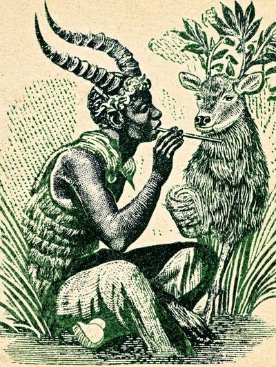 Horned Figure and Deer Vintage Print. poster