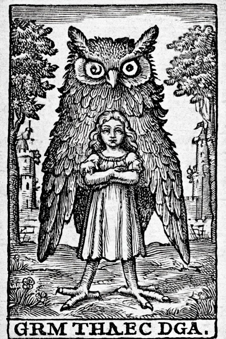 Owl and Girl Woodcut Poster. poster — vintage art