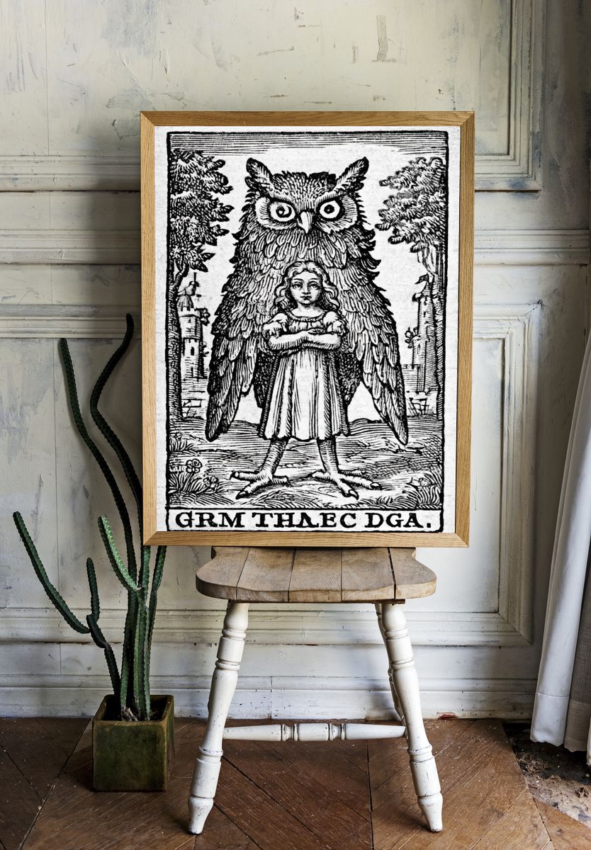 Owl and Girl Woodcut Poster. — room view 1