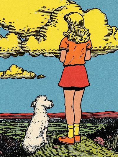 Girl and Dog in Nature — Vintage Print. poster print