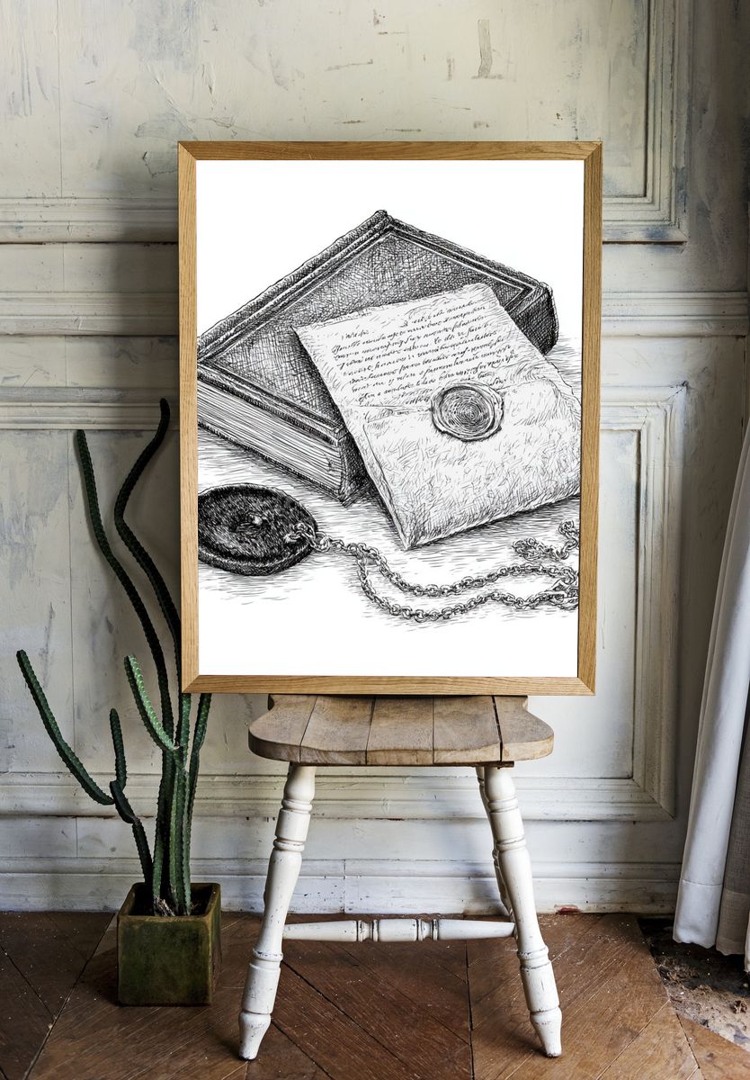 Vintage Letter and Book Print. room preview