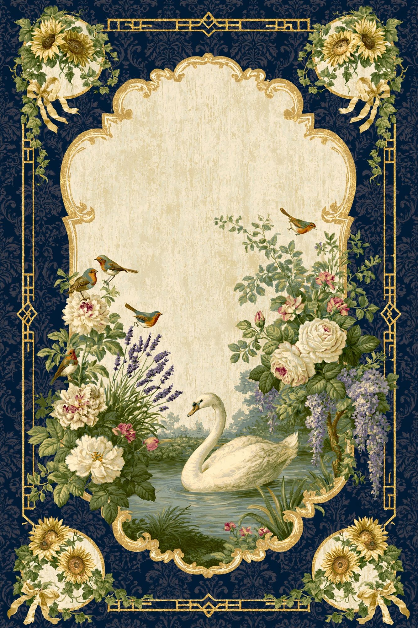 Swan and Florals Vintage Print. poster detail