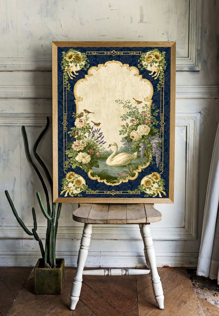 Swan and Florals Vintage Print. room preview