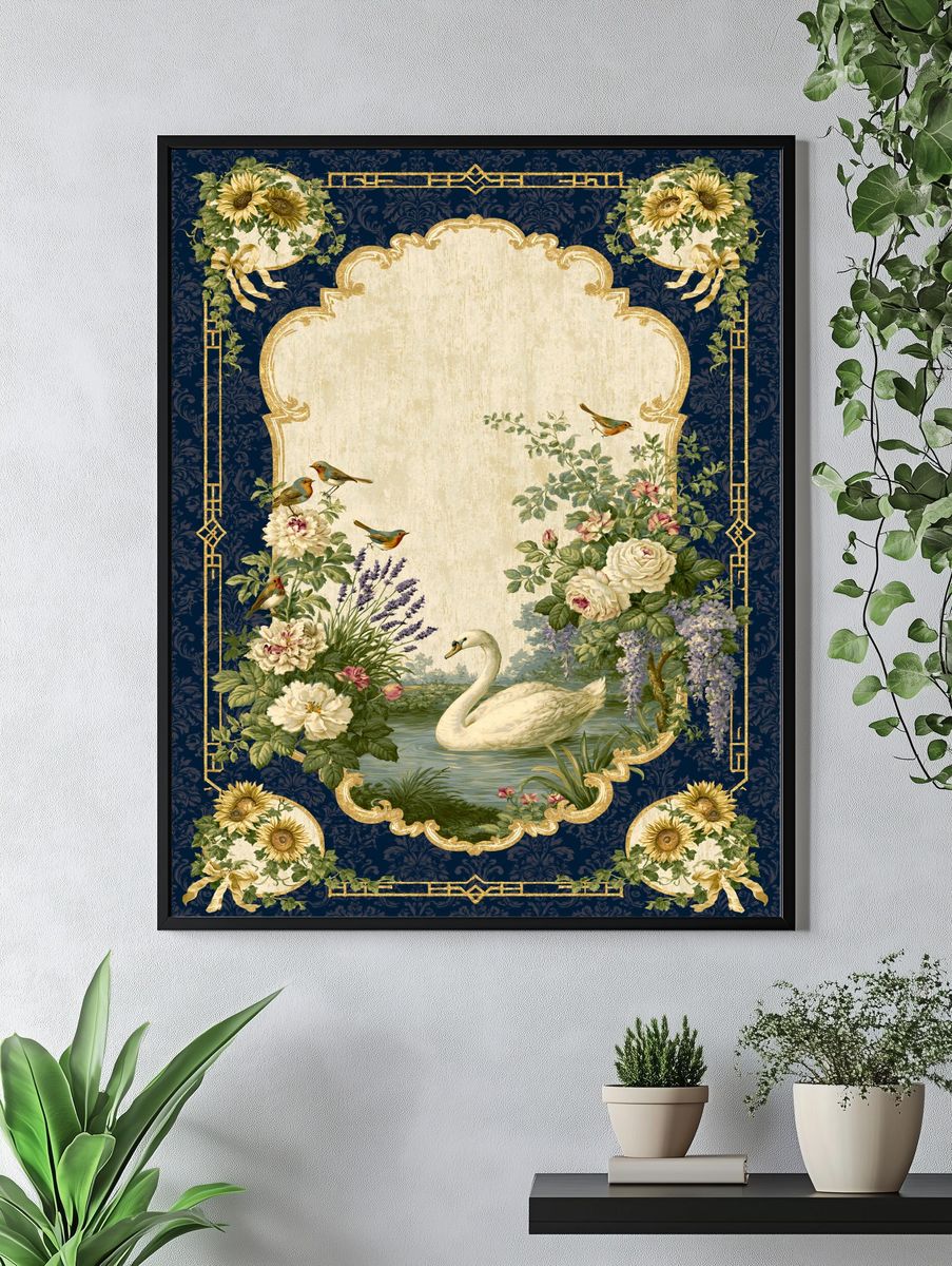 Swan and Florals Vintage Print. — room view 4