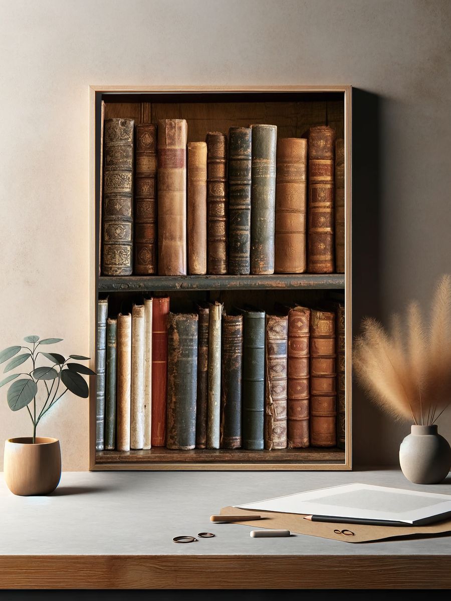 Antique Bookshelf Still Life Poster. — room view 2